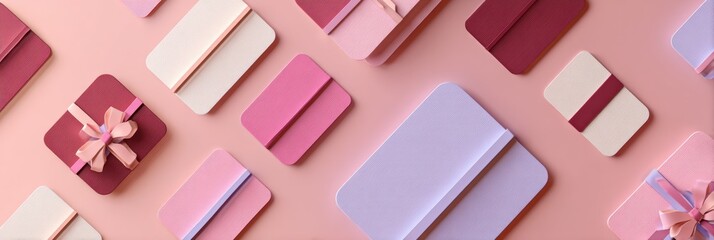 Poster - Floating Gift Cards in Various Colors Arranged Harmoniously on a Pastel Background for a Joyful Presentation