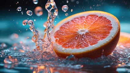 Fototapete - A slice of grapefruit being squeezed by hand, releasing juice droplets into the air.