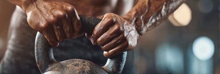 Aufkleber - Strong Hands Gripping a Heavy Kettlebell in a Gym During a Workout Session Focused on Strength Training and Fitness Improvement