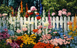 © Vilius - colorful cottage garden full of blooming flowers in front of white picket fence painted in traditional countryside style cheerful floral nature artwork