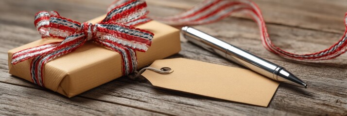 Poster - Gift Tag and Pen Ready for Writing Messages on Decorative Present With Ribbon on Rustic Wooden Table
