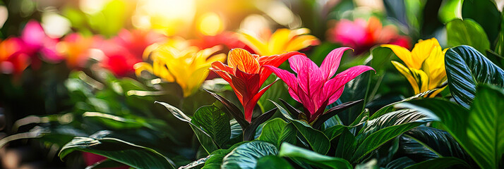 Poster - Colorful flowers bloom in a garden, illuminated by warm sunlight during the golden hour, creating a vibrant and lively atmosphere