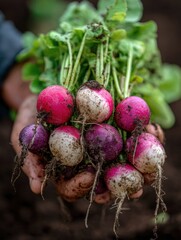 Aufkleber - Hand Gripping Freshly Harvested Radishes With Soil, Showcasing Vibrant Colors and Earthy Textures During a Sunny Afternoon in the Garden