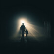 © Vilius - silhouettes of father and child walking together in darkness illuminated by dramatic beam of light symbolizing trust protection connection and emotional guidance