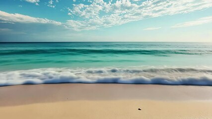 Wall Mural - Tranquil beach with gentle waves and bright blue sky during a perfect vacation setting, Idyllic perfect beach and tranquil sea waves vacation background