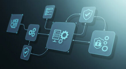 abstract illustration with glowing icons representing workflow, security, and data management, conne