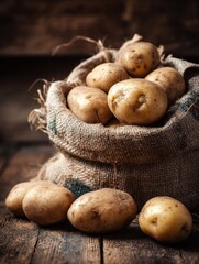Poster - Fresh Potatoes in Burlap Sack Resting on Wooden Floor With Natural Light Illuminating the Scene