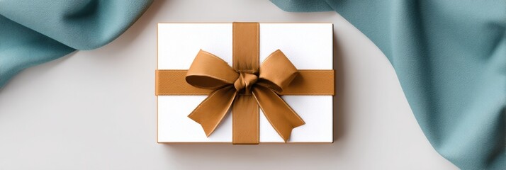 Poster - Elegant Gift Wrapped With Ribbon Displayed on a Minimalist Surface, Creating a Sophisticated and Inviting Atmosphere for Any Occasion