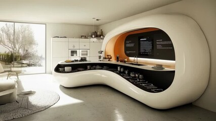 Wall Mural - A modern kitchen with a sleek, organic design featuring curved shapes and a minimalist color scheme.