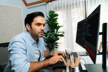 Smart IT developer working software development coding with creating application program update version online website on data's company system two computer code pc screen at modern office. Surmise.