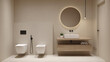 © Milka - Elegant Bathroom Renovation Concept Featuring Matte Black Fixtures, Large-Format Beige Tiles, and Light Wood Accents to Boost Property Value and Enhance Modern Home Aesthetics