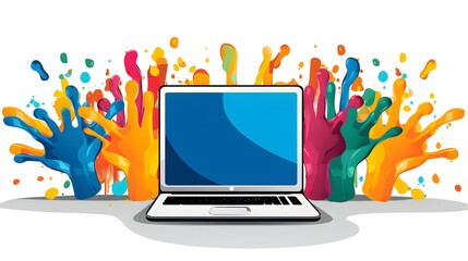 Modern technology concept with colorful hands using computer screen and keyboard