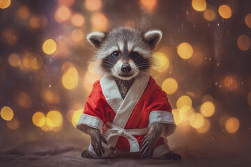  Raccoon dog in martial arts uniform sits upright, red and white gi with black accents Bokeh candles background creates soft focus and warm glow Subject well-lit face, back in shadow - AI-Generated