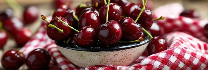 Aufkleber - Bowl of Fresh Cherries Placed on a Red and White Gingham Cloth Surrounded by Scattered Cherries