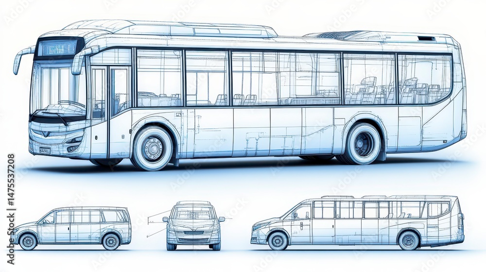 Blue wireframe bus & car models from side, front, showing design ...