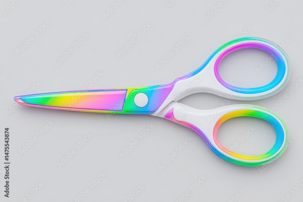 Scissors with a vibrant, multi-colored design rest on a light gray surface. The glossy finish reflects light, adding eye-catching detail to the unique crafting tool.