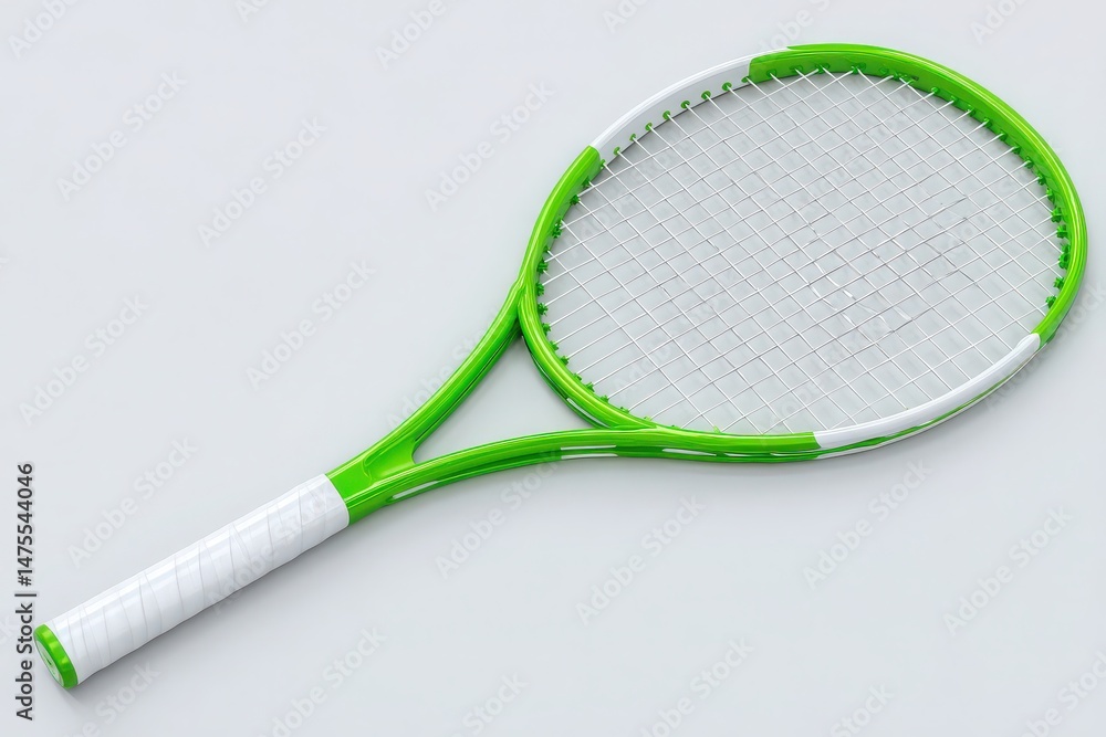 A vibrant green tennis racket with white accents and a textured grip rests against a plain gray background. The strings are tightly woven, enhancing the sporty appearance.