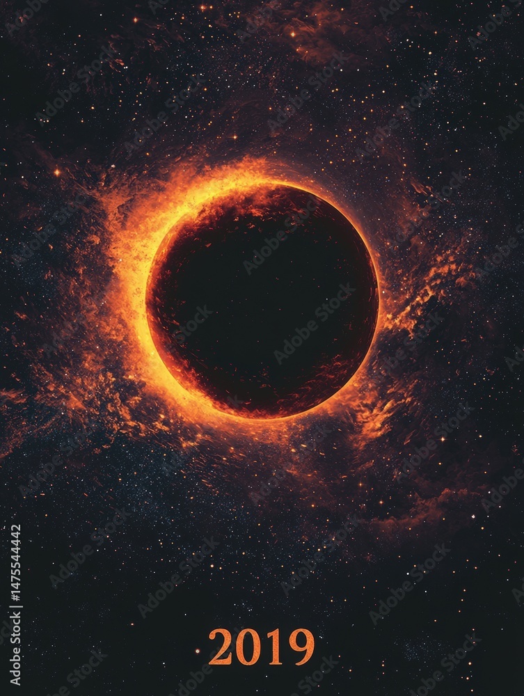 A mesmerizing solar eclipse is depicted against a backdrop of space filled with stars. The corona is radiating fiery orange hues, while the darkened moon obscures the sun.