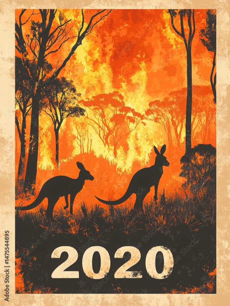 Silhouettes of kangaroos stand against a backdrop of raging wildfires in an Australian landscape. The scene captures the devastating effects on wildlife and the environment during the year 2020.