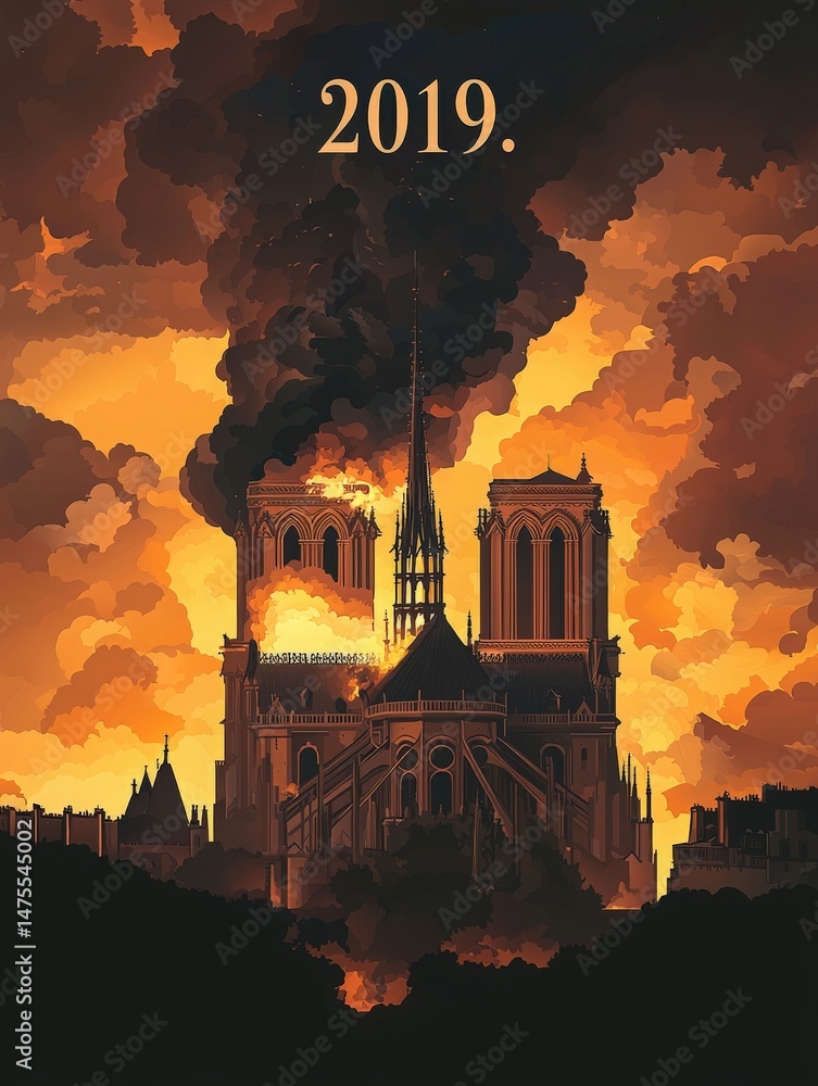 The iconic Notre Dame Cathedral is engulfed in flames, with dark smoke billowing against a backdrop of fiery orange clouds. The date 2019 is prominently displayed above the scene.
