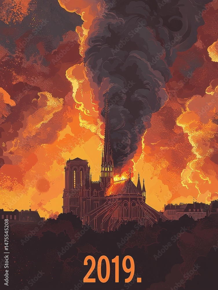 Flames and smoke surge from Notre Dame Cathedral, casting an eerie glow under a darkened sky. The iconic structure suffers severe damage as fire rages through its roof and spire.