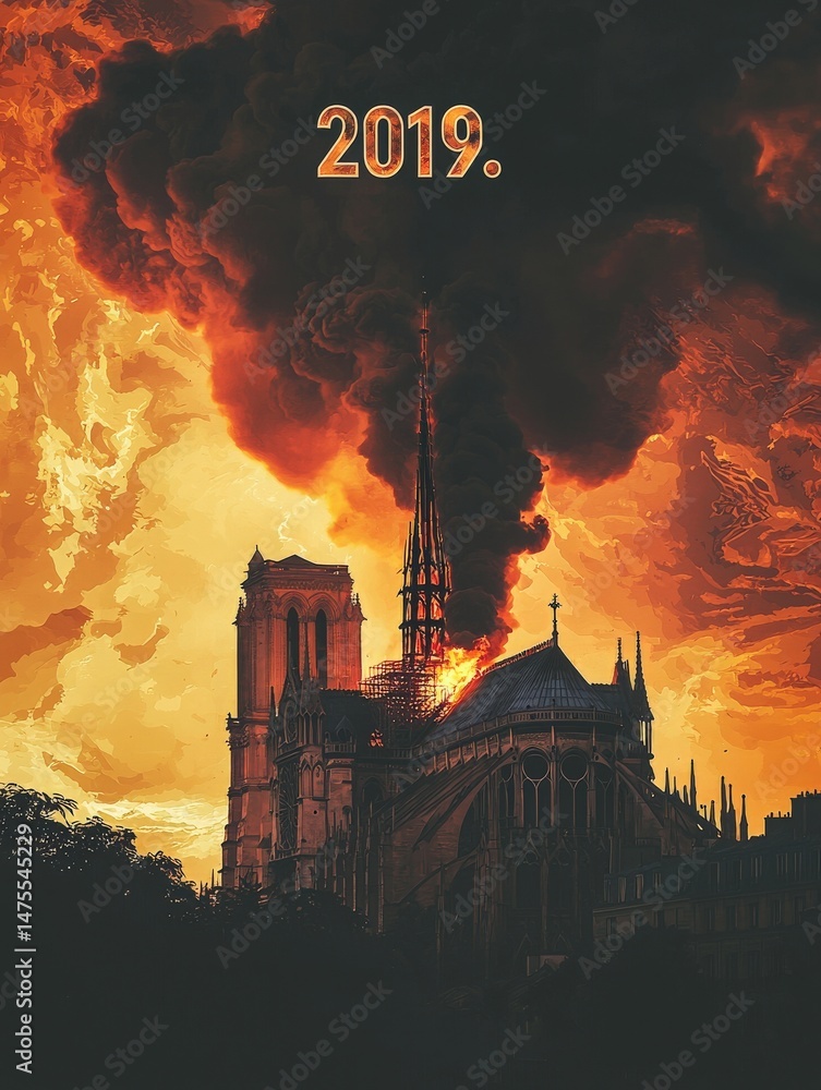 Thick smoke billows from the roof of a historic cathedral under a vivid orange sky. The structure stands tall, showcasing its intricate architecture while flames intensify in the evening light.