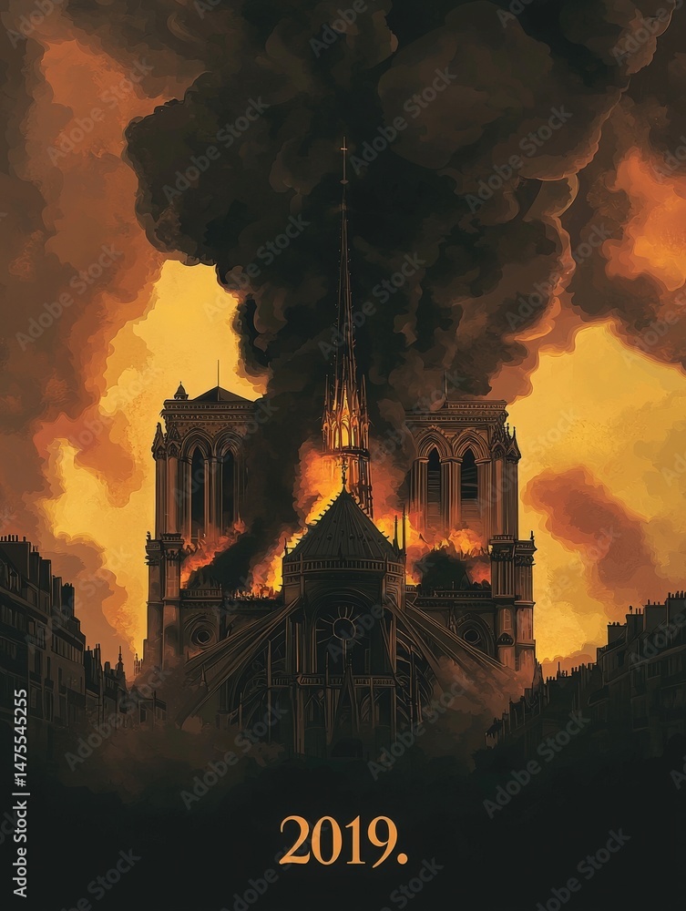 A historic cathedral in Paris is engulfed in flames and thick black smoke as fire rages throughout the structure, creating an ominous atmosphere. The iconic spire is prominently visible.