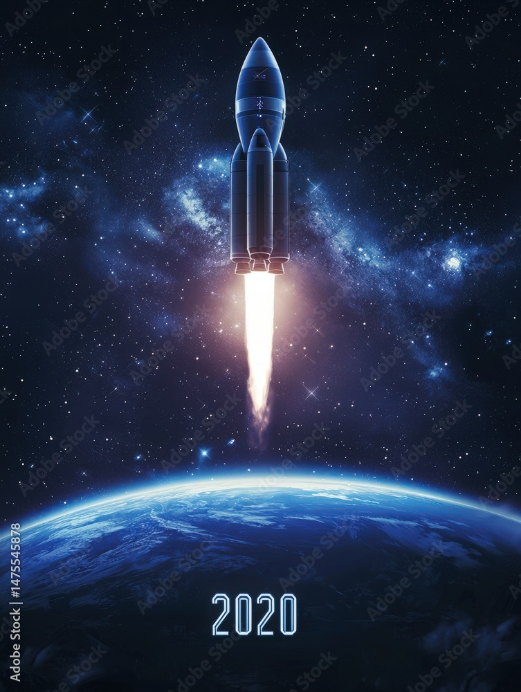 A rocket is launching into space, emitting bright flames from its engines. It ascends above the blue planet, set against a star-filled cosmic background. The year 2020 is displayed below.