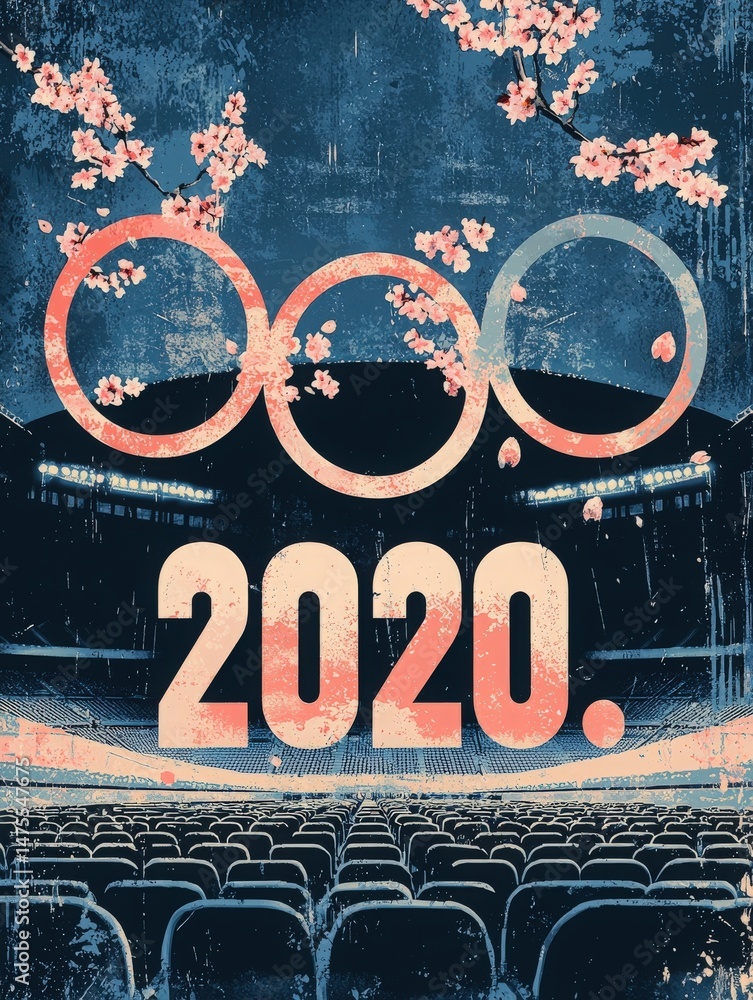 Cherry blossoms surround the Olympic rings above an empty stadium, marking the anticipation of the 2020 events. The mood captures both the spirit of competition and the stillness of the moment.