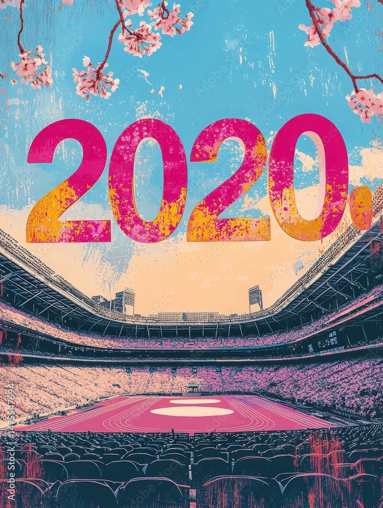 The vibrant colors showcase an empty stadium with a track field in the center. Cherry blossoms frame the top, hinting at a poetic atmosphere during sunset in the year 2020.