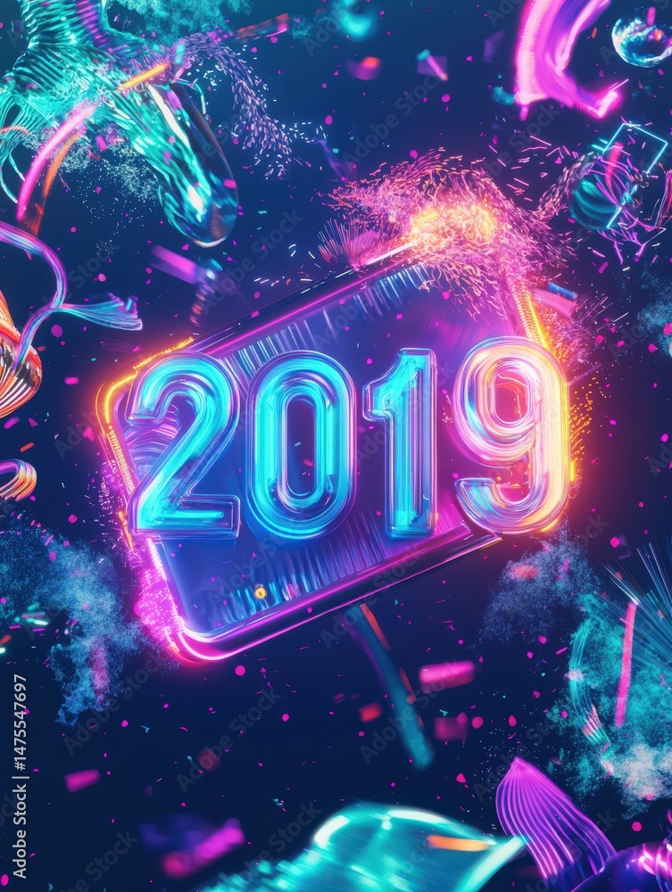 This graphic showcases a dynamic and colorful representation of the year 2019, featuring glowing neon numbers surrounded by abstract shapes and sparkles, emphasizing a festive and energetic vibe.