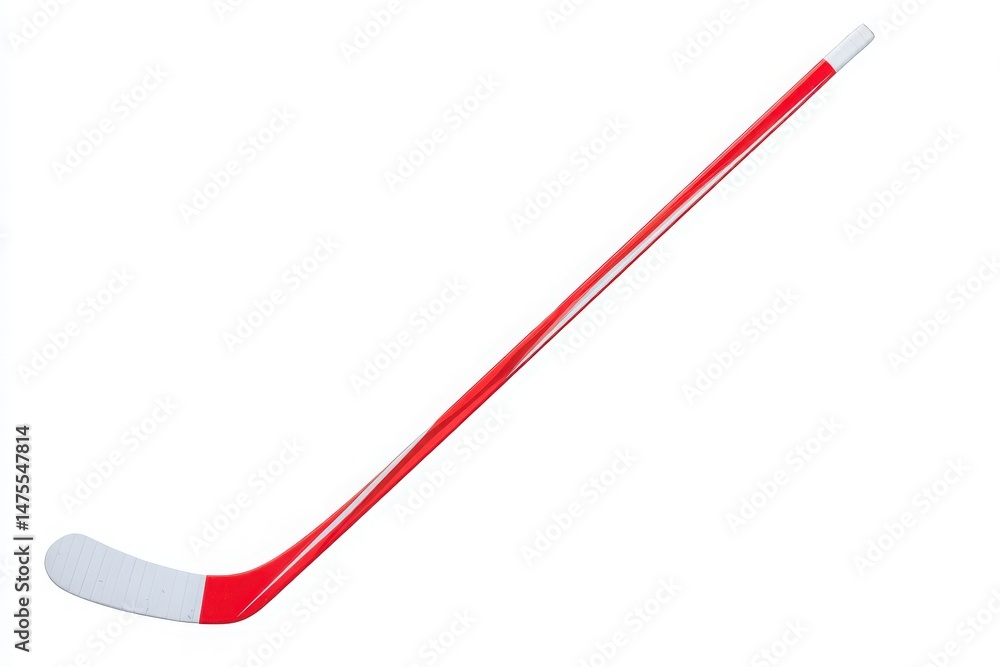 A bright red hockey stick leans against a plain white backdrop, showcasing its streamlined design and white blade. This stick represents the sports dynamic energy and excitement.