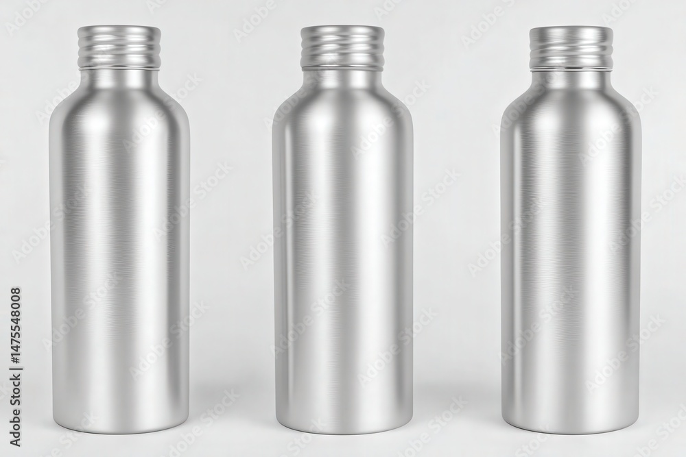 A trio of metallic bottles stands side by side, each featuring a smooth and shiny surface. The minimalist design emphasizes elegance, ideal for everyday use or outdoor activities.