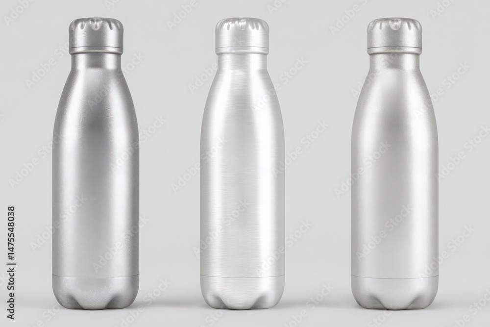 Three sleek stainless steel bottles stand side by side, showcasing a modern aesthetic with smooth surfaces.