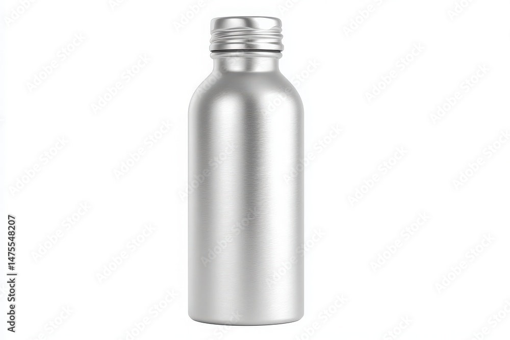 A shiny silver metal bottle stands upright against a white background, showcasing its simple and elegant design ideal for carrying beverages on the go, perfect for outdoor activities.