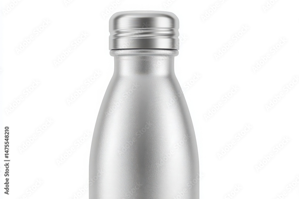 Silver water bottle features a curved body and metallic finish, perfect for carrying on the go. Designed for easy hydration, it embodies a modern, eco-friendly lifestyle choice.