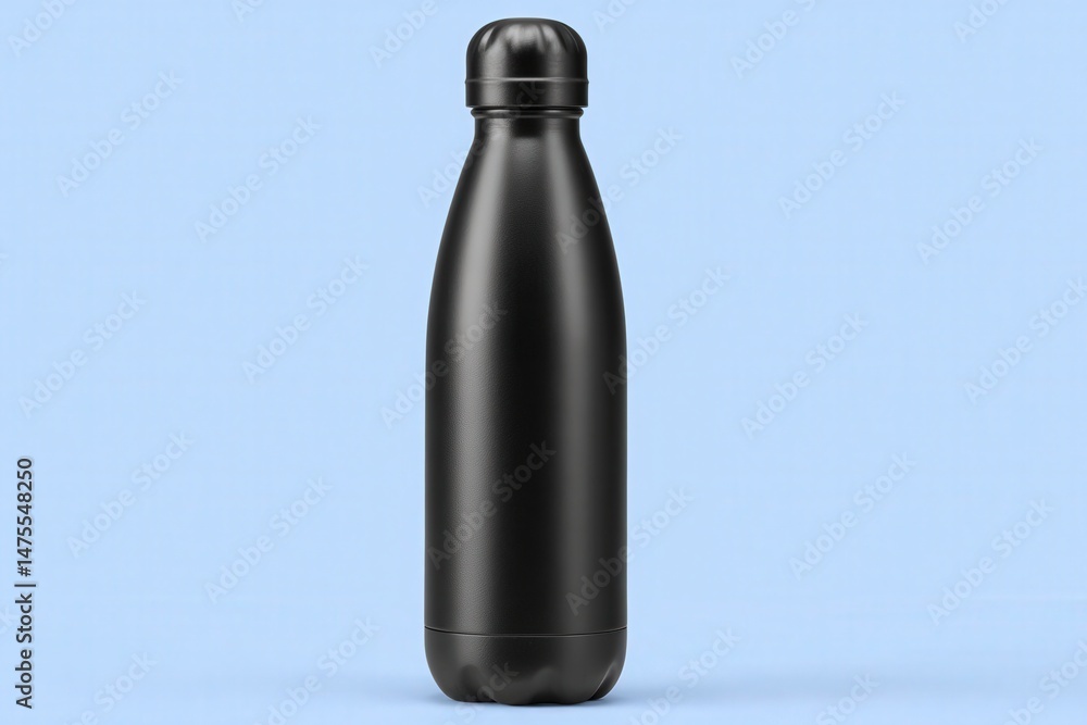 A sleek black stainless steel water bottle stands upright against a soft light blue background. This design emphasizes functionality and style for daily hydration.