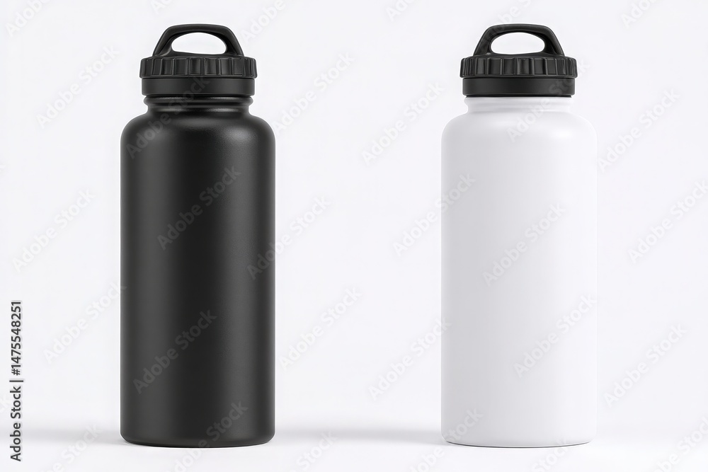Two sleek water bottles stand side by side, one black and the other white. Each features a simple design with a robust cap, perfect for outdoor adventures and daily hydration.