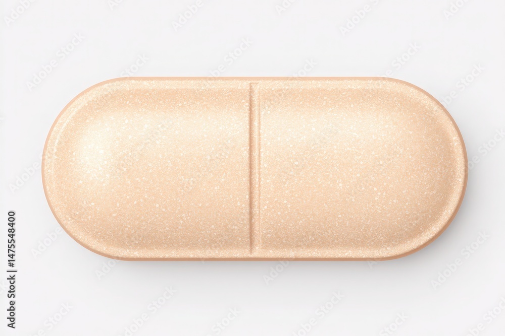 A light tan capsule sits on a white surface. The capsule is oval-shaped with a smooth outer layer, featuring a dividing line in the center. It appears to be a dietary supplement or medication.