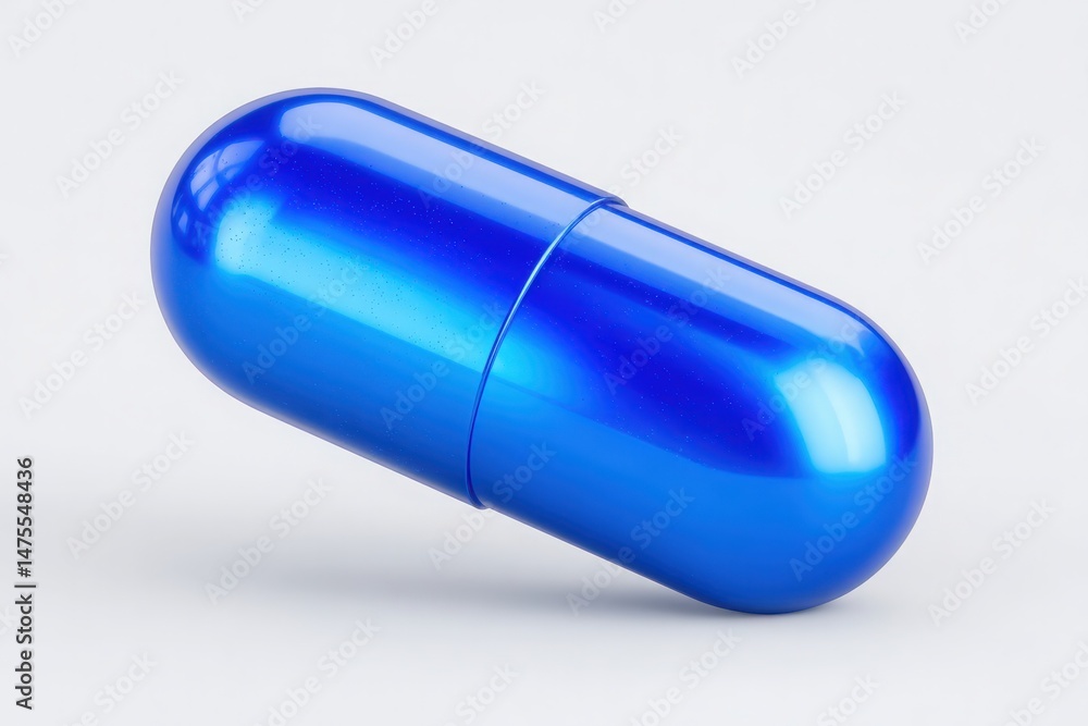 A shiny blue capsule is positioned at an angle on a neutral backdrop. The capsule features a smooth, reflective surface, showcasing its vibrant hue under direct lighting.