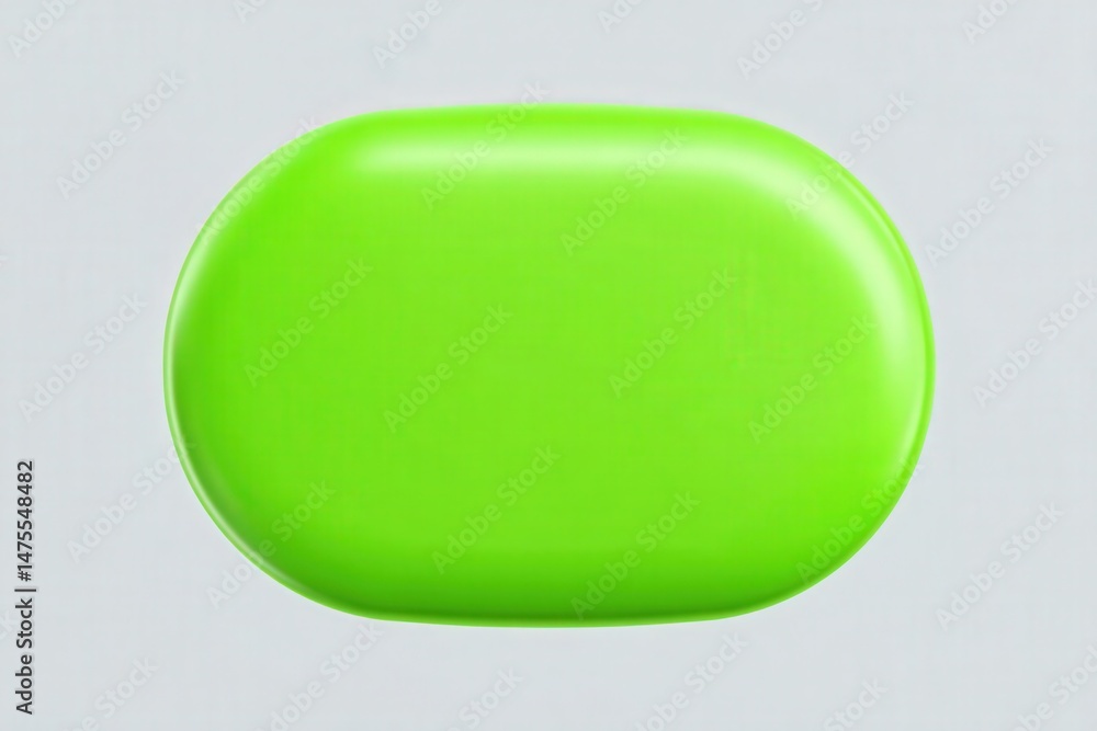 A bright green oval soap sits on a light grey background. It exhibits a glossy surface that reflects light, showcasing its vibrant color and smooth texture.