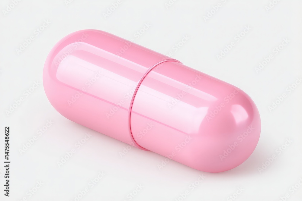 A single pink capsule sits on a neutral background, showcasing its smooth, glossy exterior. The capsule is elongated and symmetrical, reflecting soft light, emphasizing its vibrant color.