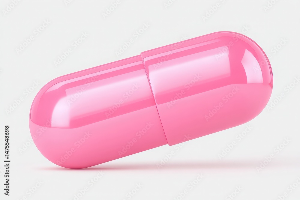 A bright pink capsule rests on a flat surface showcasing its glossy exterior. The capsule is split in the middle, highlighting its two-part structure and vibrant color, enhancing the visual appeal.