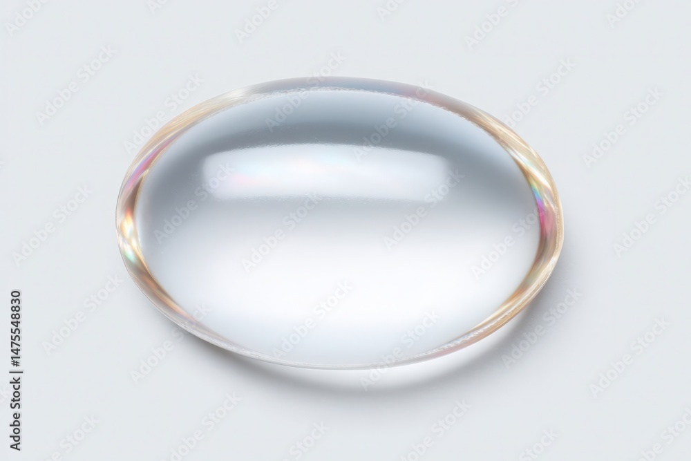 A clear and smooth lens rests on a neutral-colored surface, reflecting light and displaying its curved shape. The lens is devoid of texture and exhibits a simple yet elegant form.