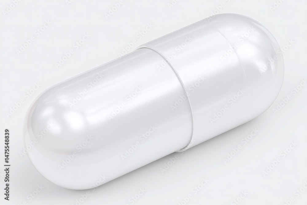 A white capsule rests on a smooth, clean surface under soft lighting. The scene captures the simplicity and clarity of the design, emphasizing the capsules smooth, rounded edges.