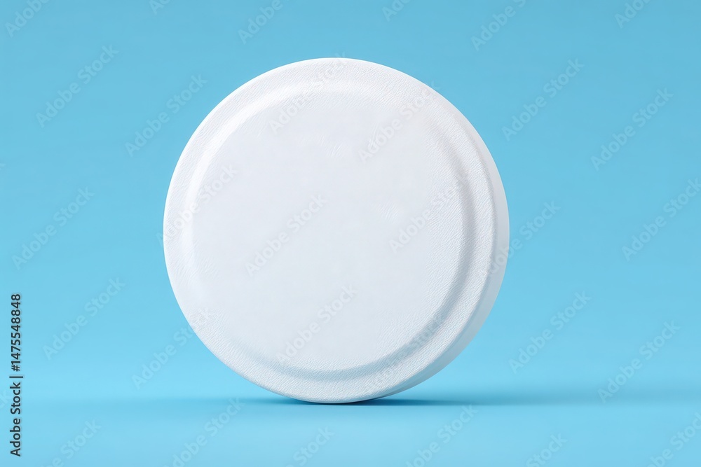 A plain white circular object is centered against a vibrant blue background, emphasizing its smooth texture and minimalist design. Ideal for showcasing simplicity in decoration or product display.