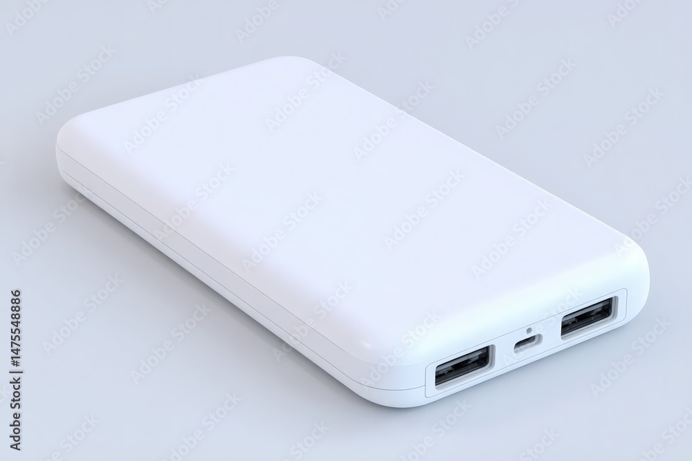 A sleek, white portable power bank is displayed on a neutral background. It features multiple charging ports, showcasing its practicality for on-the-go charging needs. Ideal for all devices.