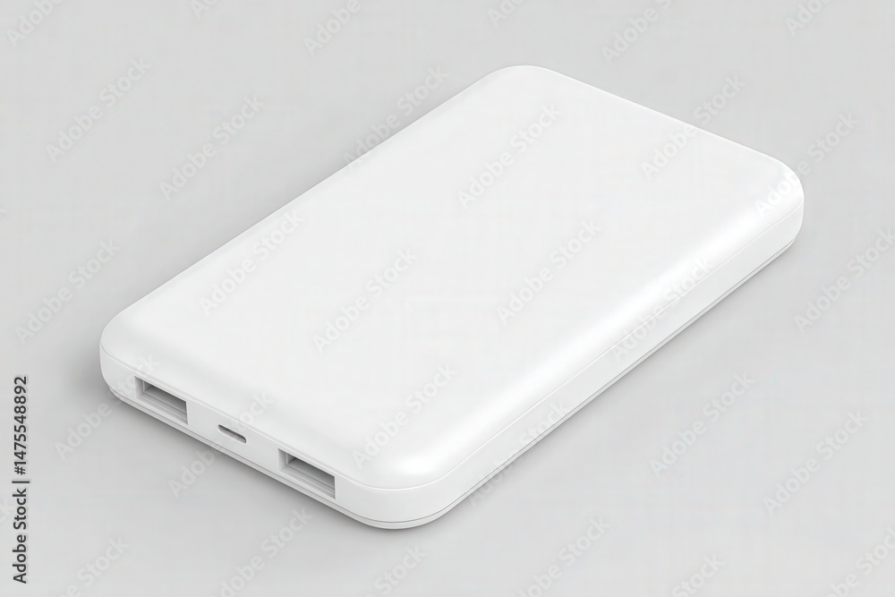 A white portable power bank rests on a gray background, featuring dual USB ports for charging devices. Its sleek design makes it a handy accessory for on-the-go charging.