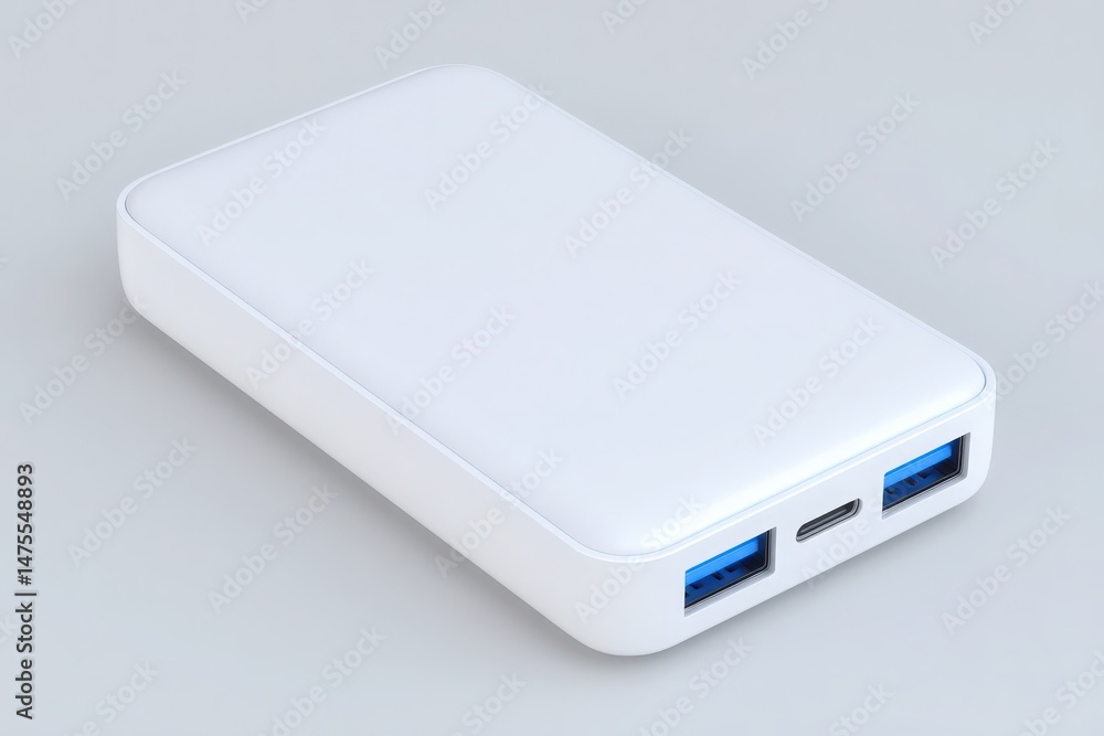 A sleek white portable charger with two USB-A ports and one USB-C port rests on a light background. Ideal for charging devices quickly while traveling or during outdoor activities.