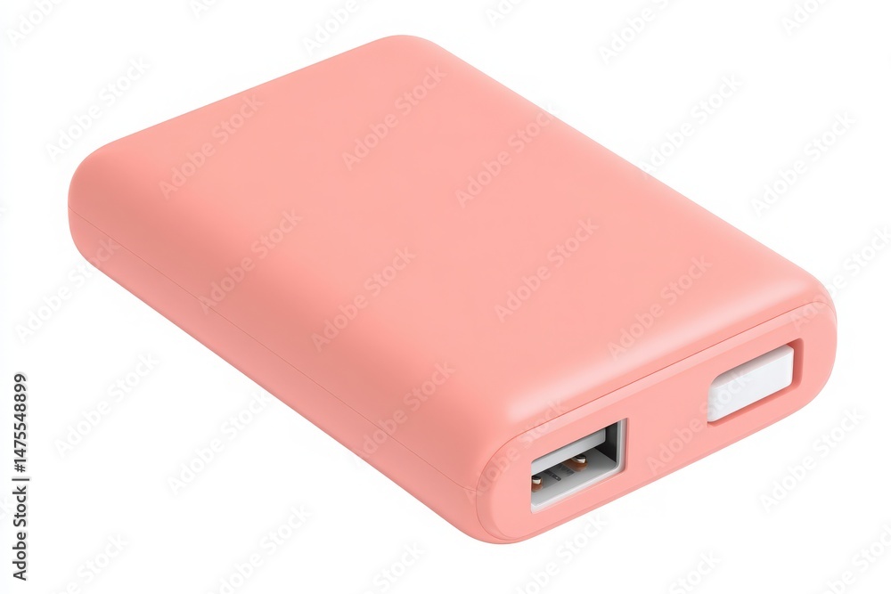 A compact power bank designed for portability features a soft pink color and a standard USB output. It is perfect for charging phones and other devices while traveling or commuting.